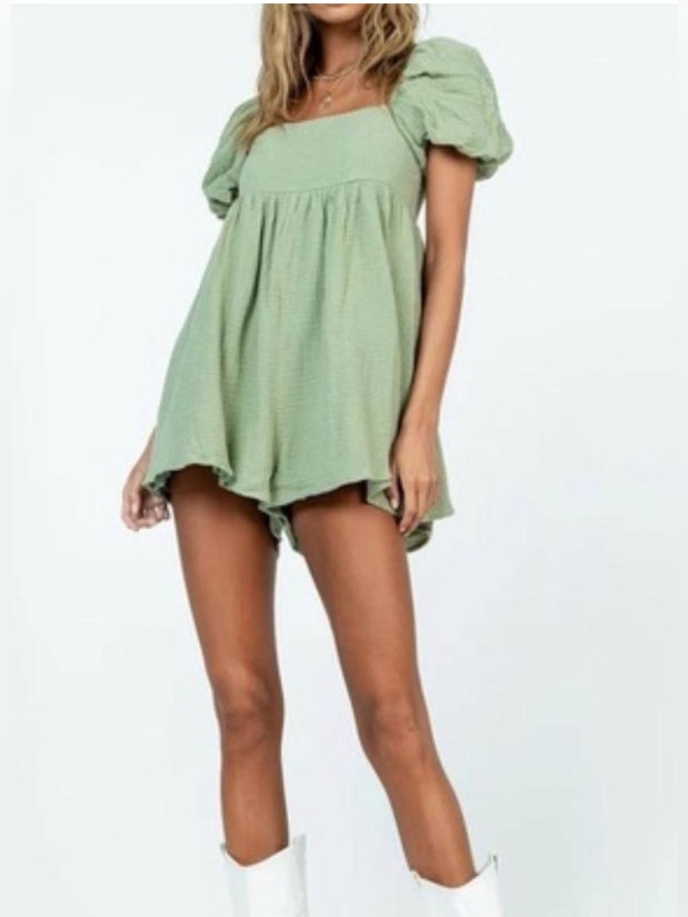Princess Polly Sage Green Puff Sleeve Romper